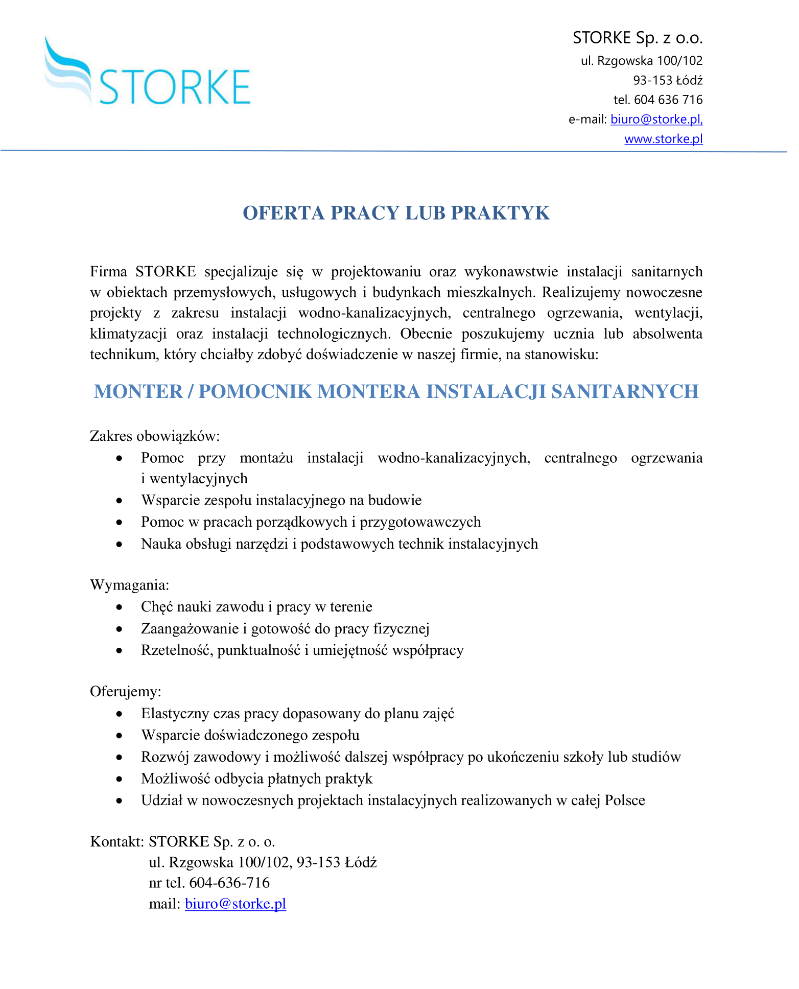 Oferta pracy - pomocnik montera