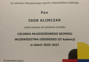 Nominacja do Młodzieżowego Sejmiku Województwa Łódzkiego